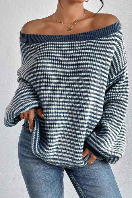 Arolora boat-neck-drop-shoulder-striped-sweater