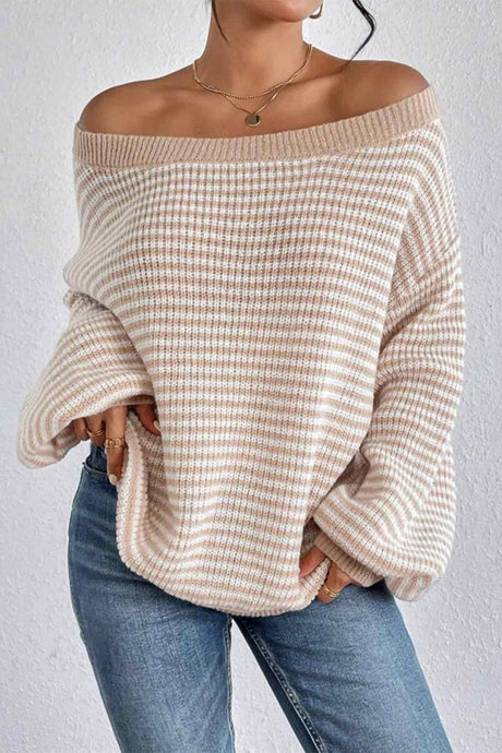 Arolora boat-neck-drop-shoulder-striped-sweater