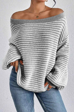 Arolora boat-neck-drop-shoulder-striped-sweater