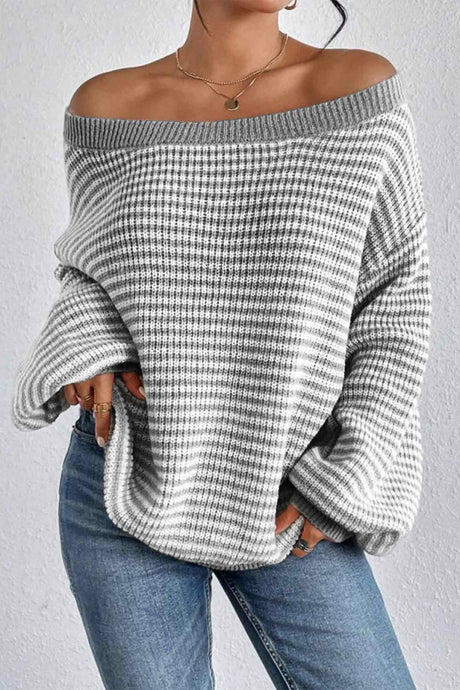 Arolora boat-neck-drop-shoulder-striped-sweater