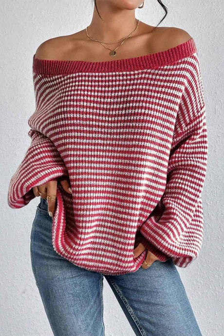 Arolora boat-neck-drop-shoulder-striped-sweater