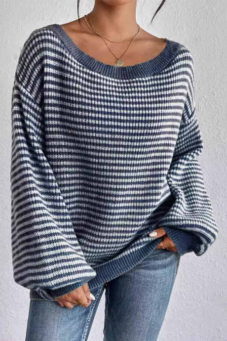 Arolora boat-neck-drop-shoulder-striped-sweater
