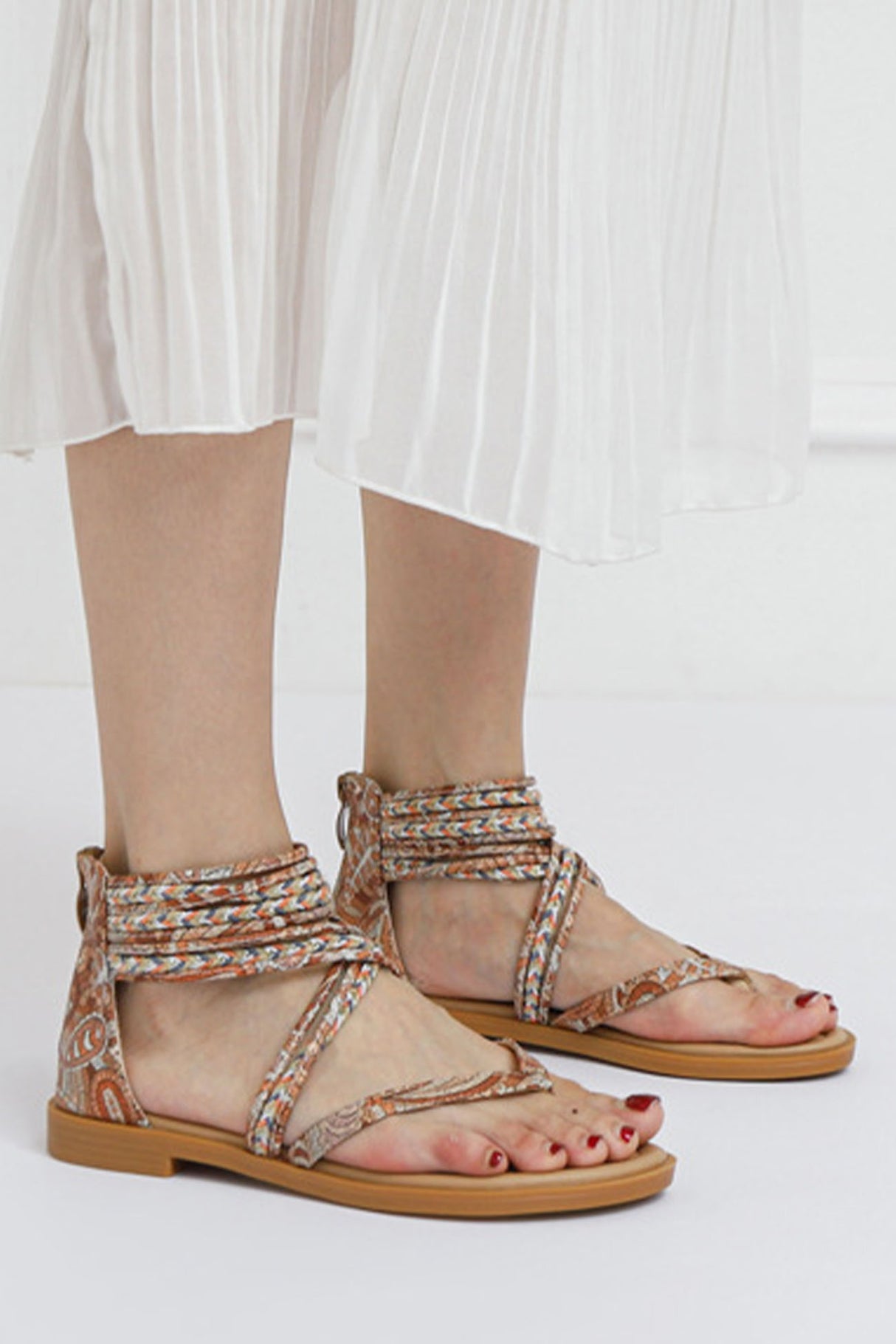 Bohemia Pattern Ankle Strap Zipper Thong Sandals