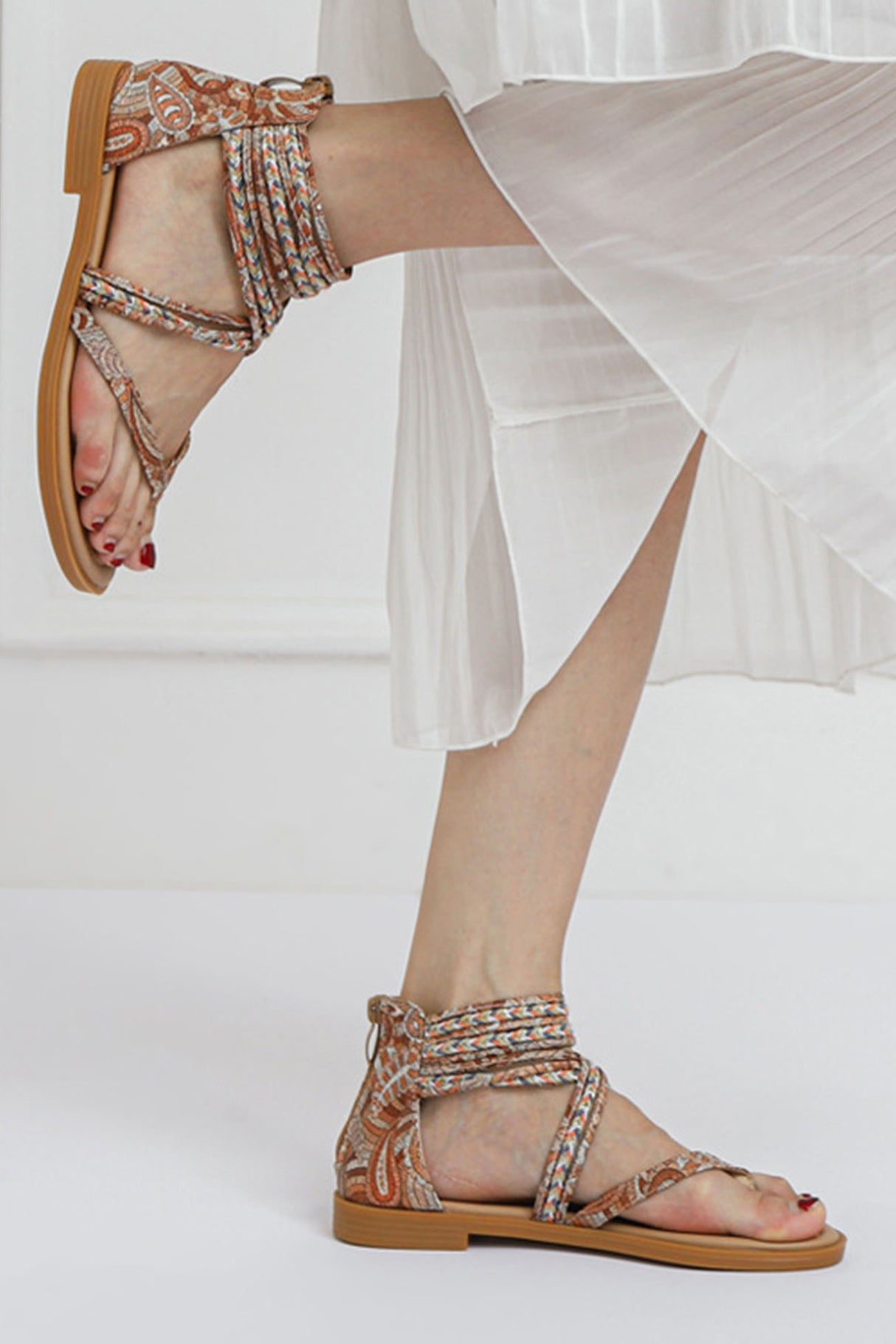 Bohemia Pattern Ankle Strap Zipper Thong Sandals