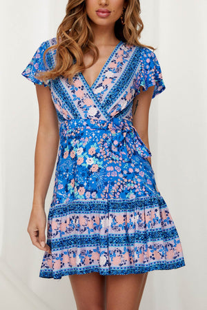 Arolora Bohemian V Neck Tie-waist Slit Mini Dress