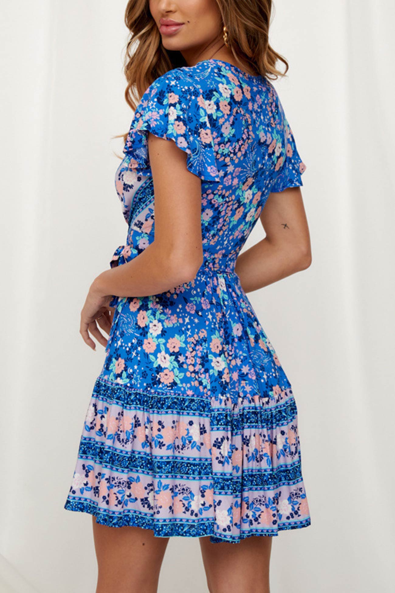 Arolora Bohemian V Neck Tie-waist Slit Mini Dress
