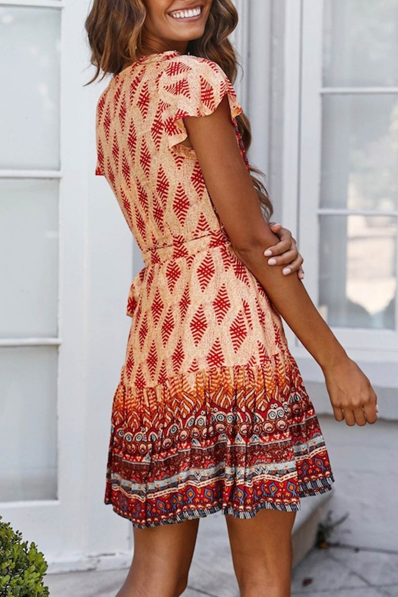 Arolora Bohemian V Neck Tie-waist Slit Mini Dress