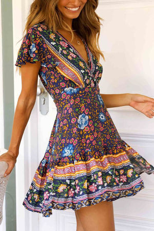 Arolora Bohemian V Neck Tie-waist Slit Mini Dress