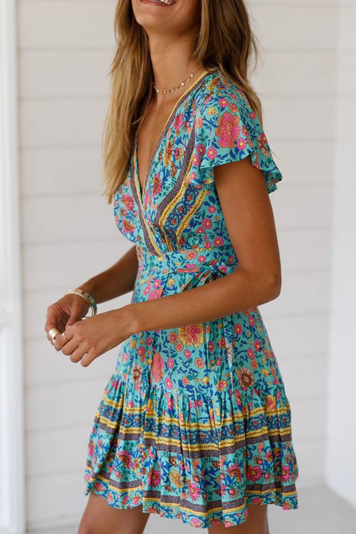 Arolora Bohemian V Neck Tie-waist Slit Mini Dress
