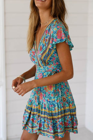 Arolora Bohemian V Neck Tie-waist Slit Mini Dress
