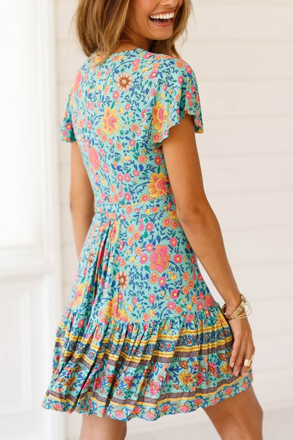 Arolora Bohemian V Neck Tie-waist Slit Mini Dress