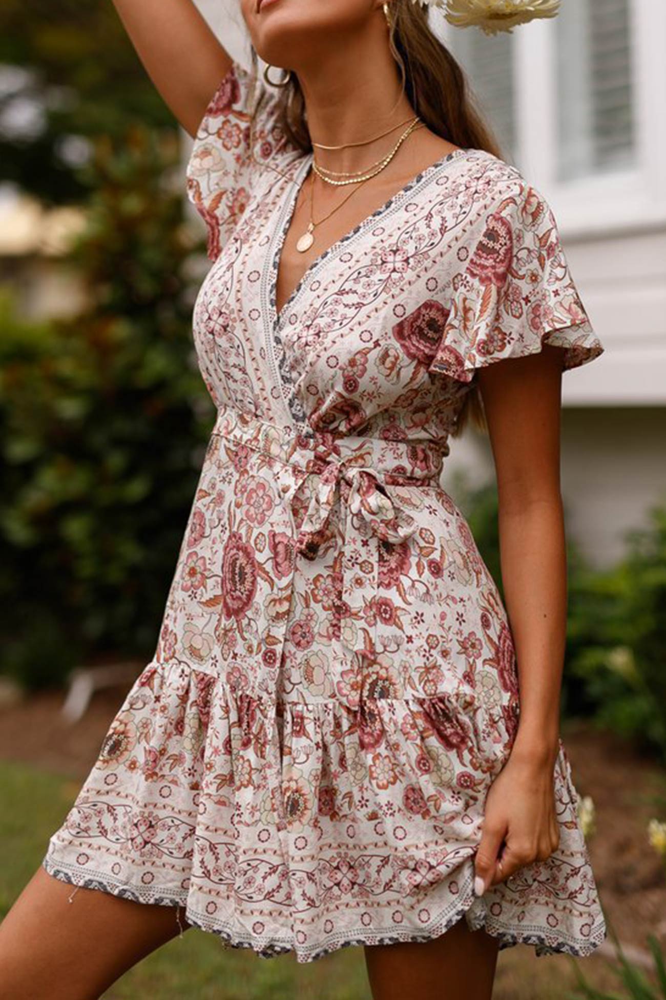 Arolora Bohemian V Neck Tie-waist Slit Mini Dress