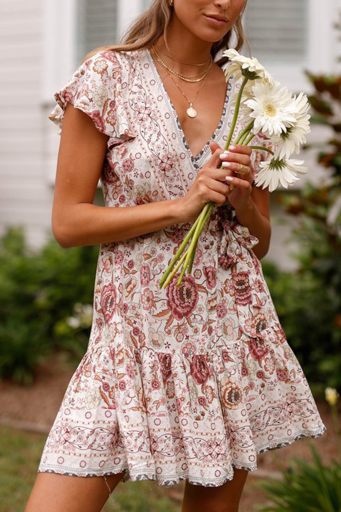Arolora Bohemian V Neck Tie-waist Slit Mini Dress