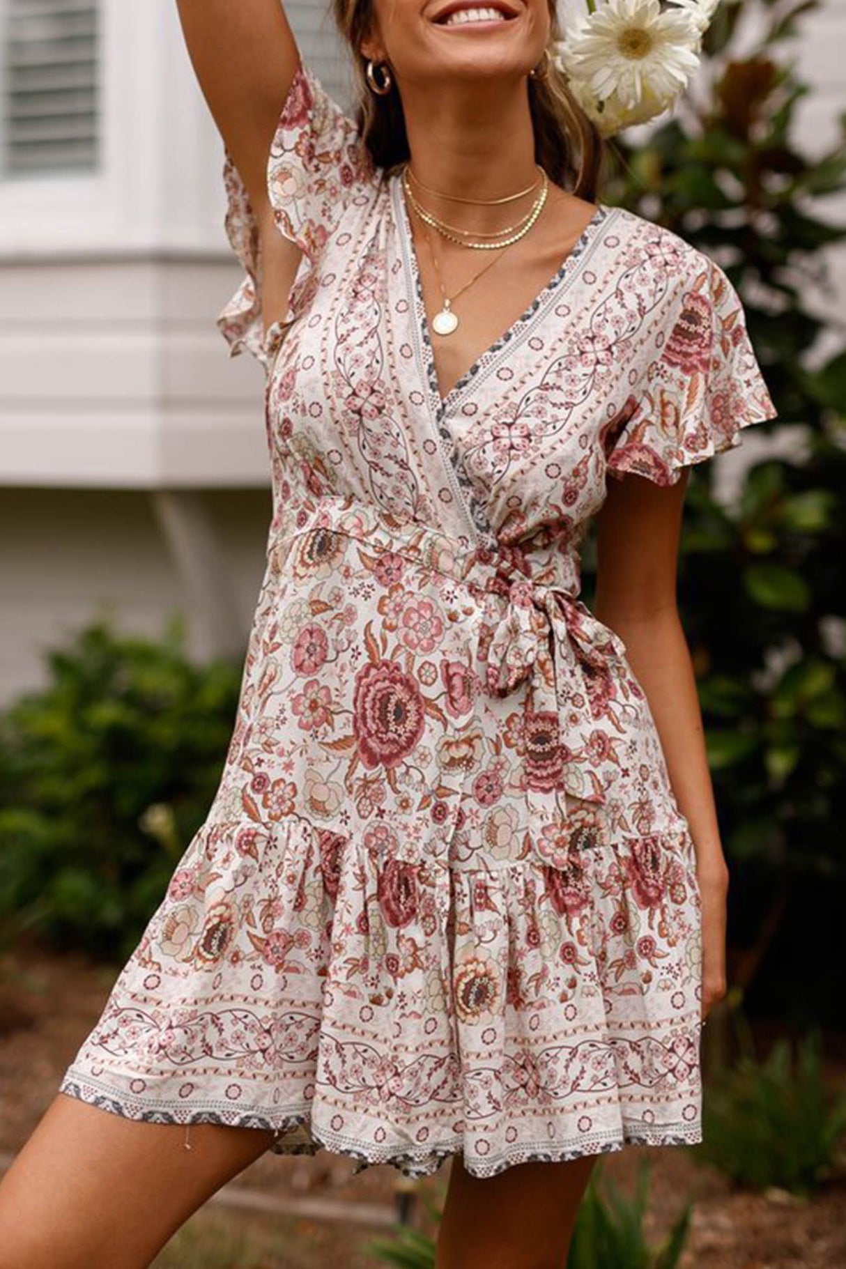 Arolora Bohemian V Neck Tie-waist Slit Mini Dress