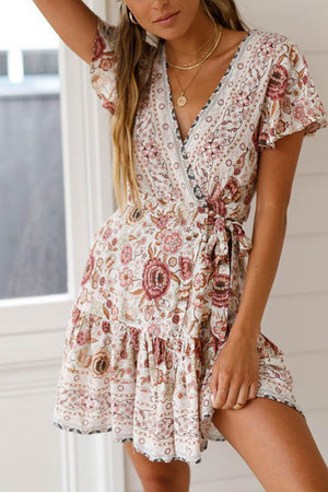 Arolora Bohemian V Neck Tie-waist Slit Mini Dress