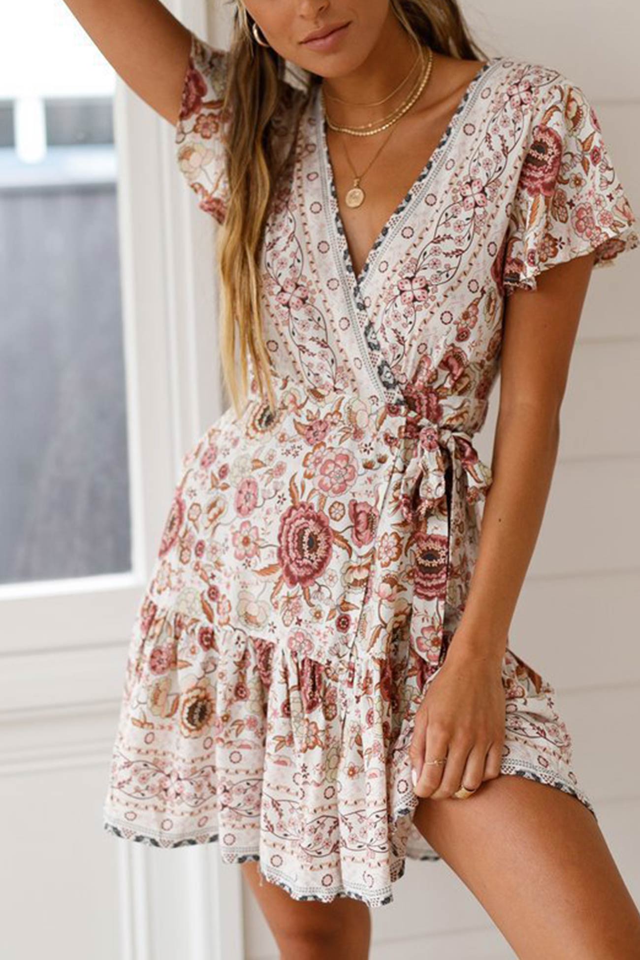Arolora Bohemian V Neck Tie-waist Slit Mini Dress