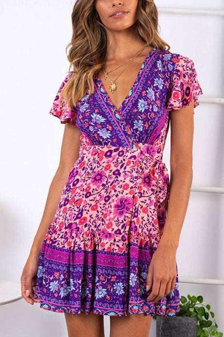 Arolora Bohemian V Neck Tie-waist Slit Mini Dress