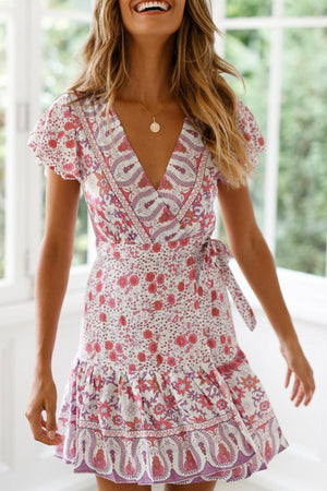 Arolora Bohemian V Neck Tie-waist Slit Mini Dress