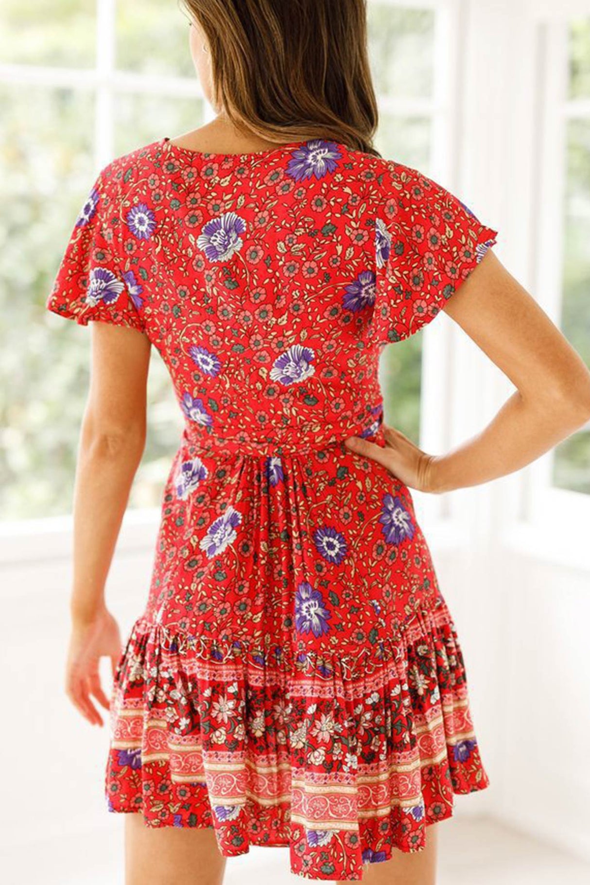 Arolora Bohemian V Neck Tie-waist Slit Mini Dress