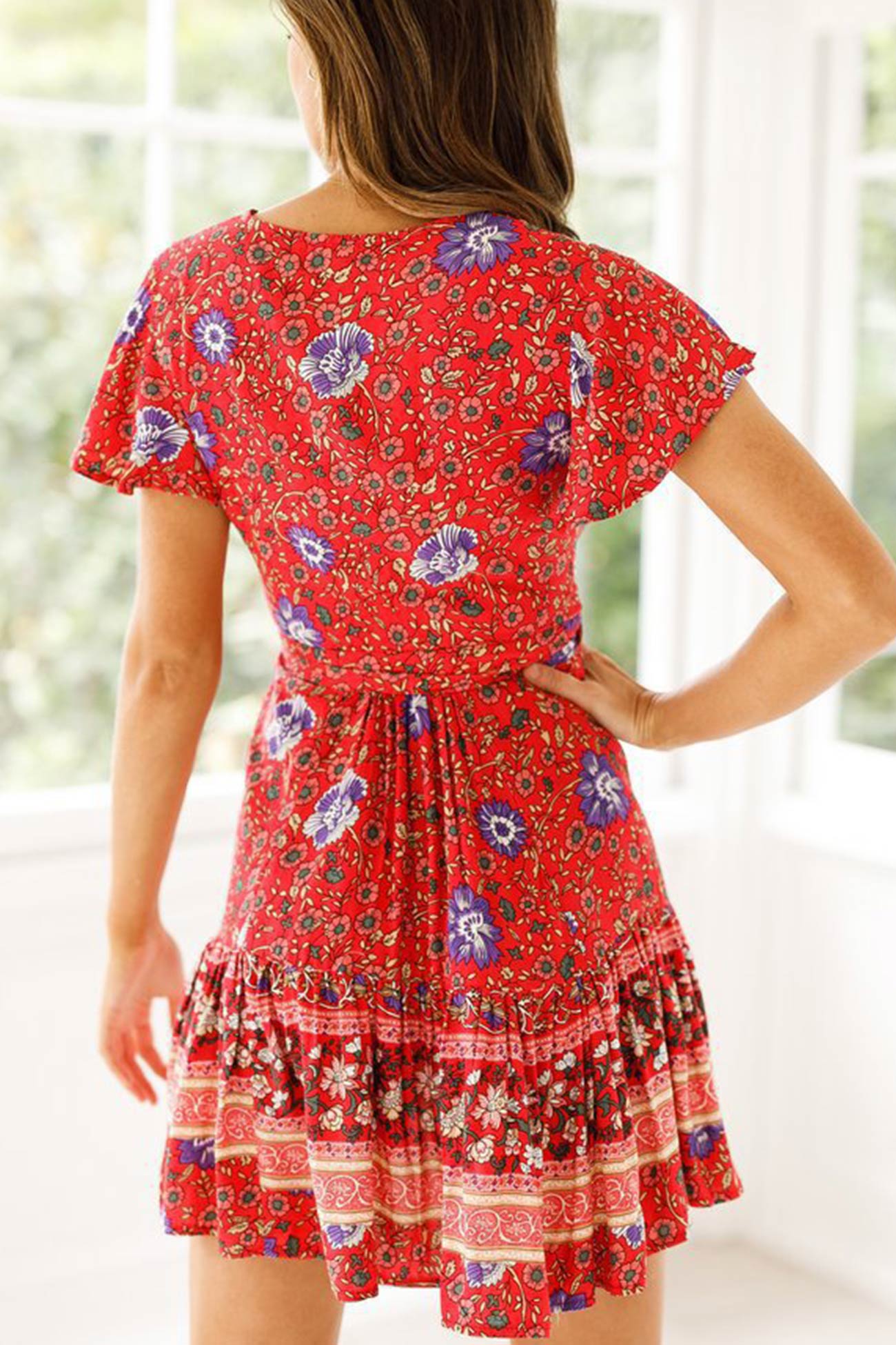 Arolora Bohemian V Neck Tie-waist Slit Mini Dress
