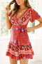 Arolora Bohemian V Neck Tie-waist Slit Mini Dress