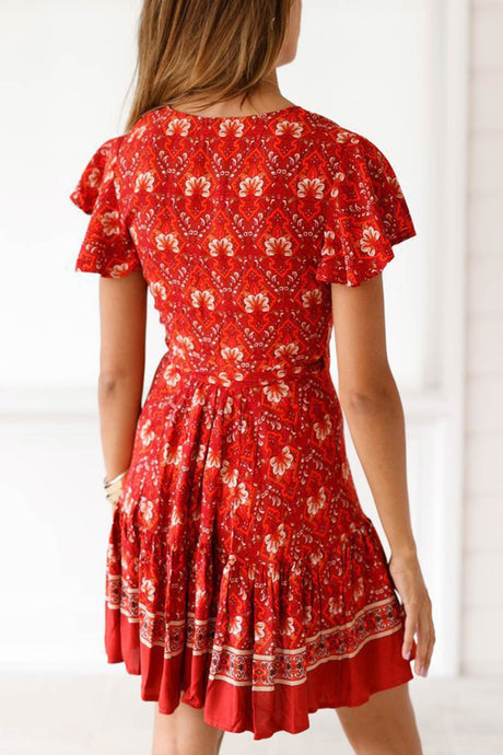 Arolora Bohemian V Neck Tie-waist Slit Mini Dress