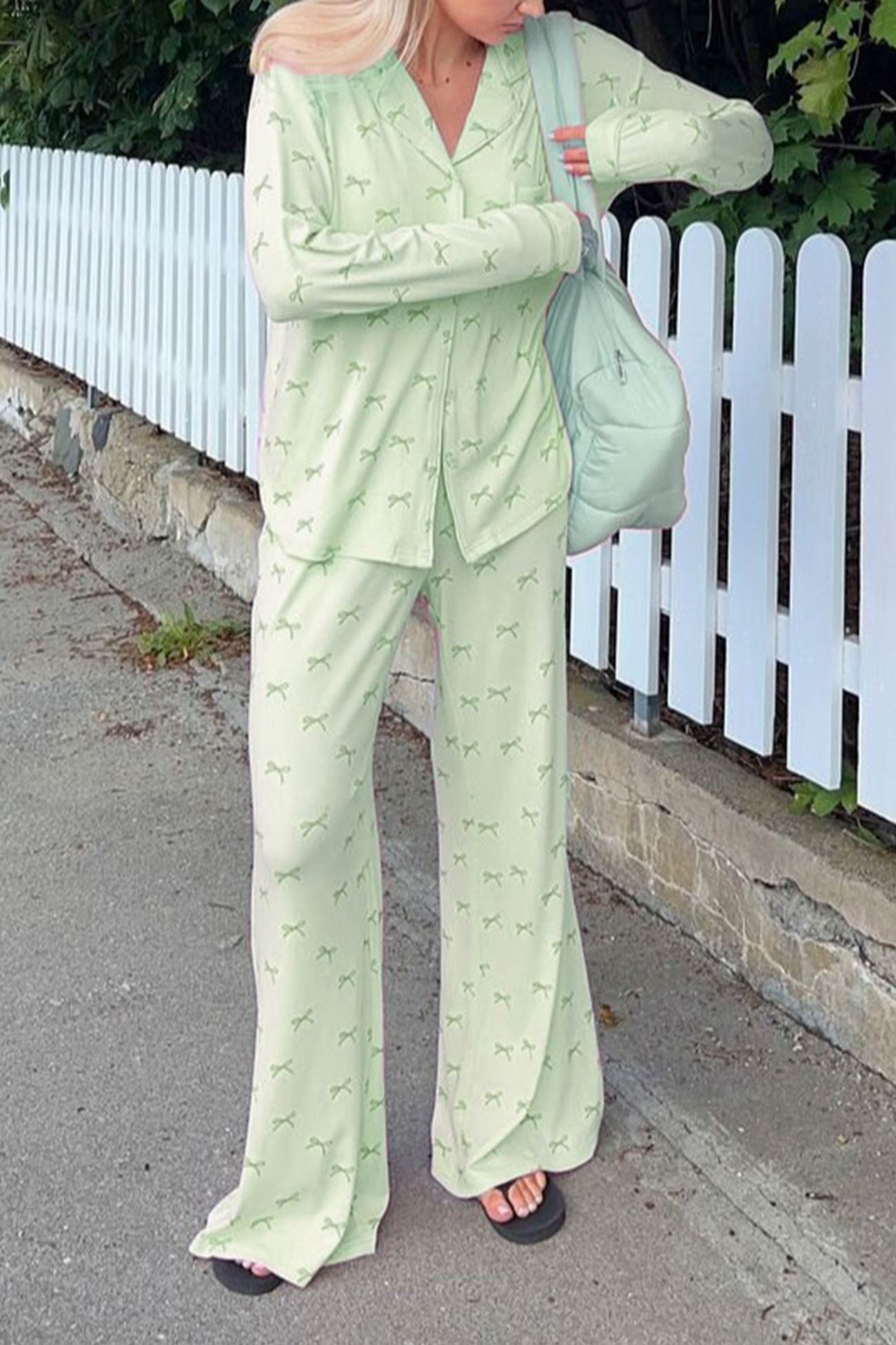 Arolora Bow Print Two-piece Loungewear