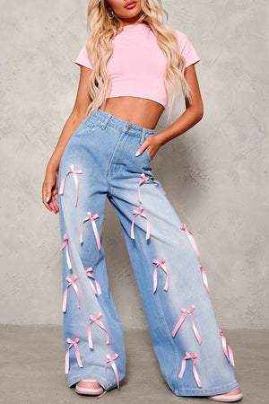 Arolora Bow Ribbon High Rise Jeans