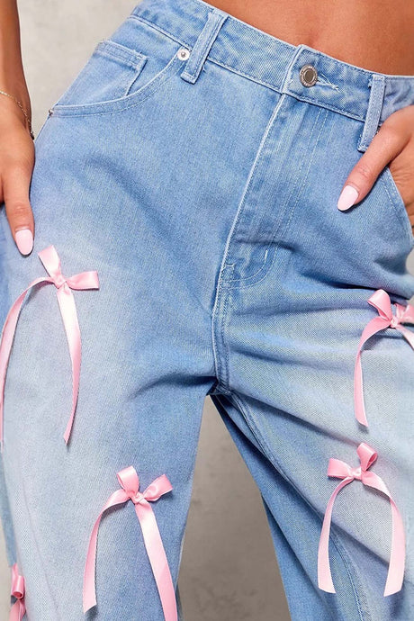 Arolora Bow Ribbon High Rise Jeans