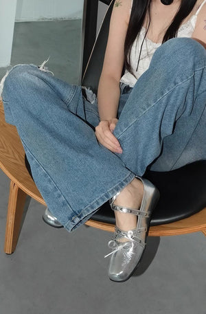 Bowknot Rivet Leather Ballet Flat