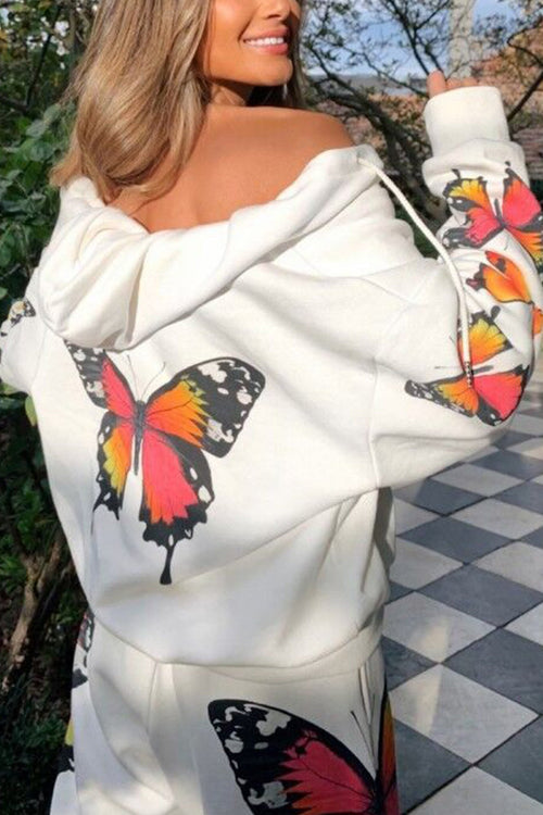 Arolora Butterfly Print Zip-up Hoodie Sweatpants Set
