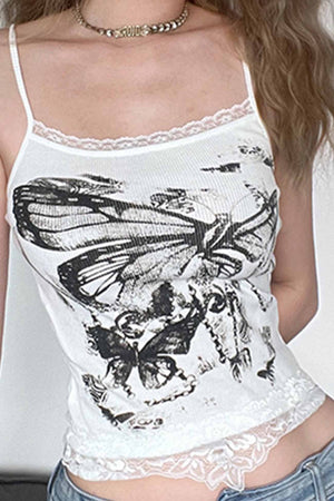 Butterfly Printed Lace Patchwork Cami Crop Top