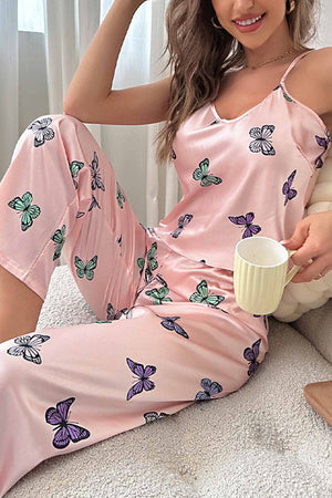 Butterfly Satin Spaghetti Strap Pants Loungewear