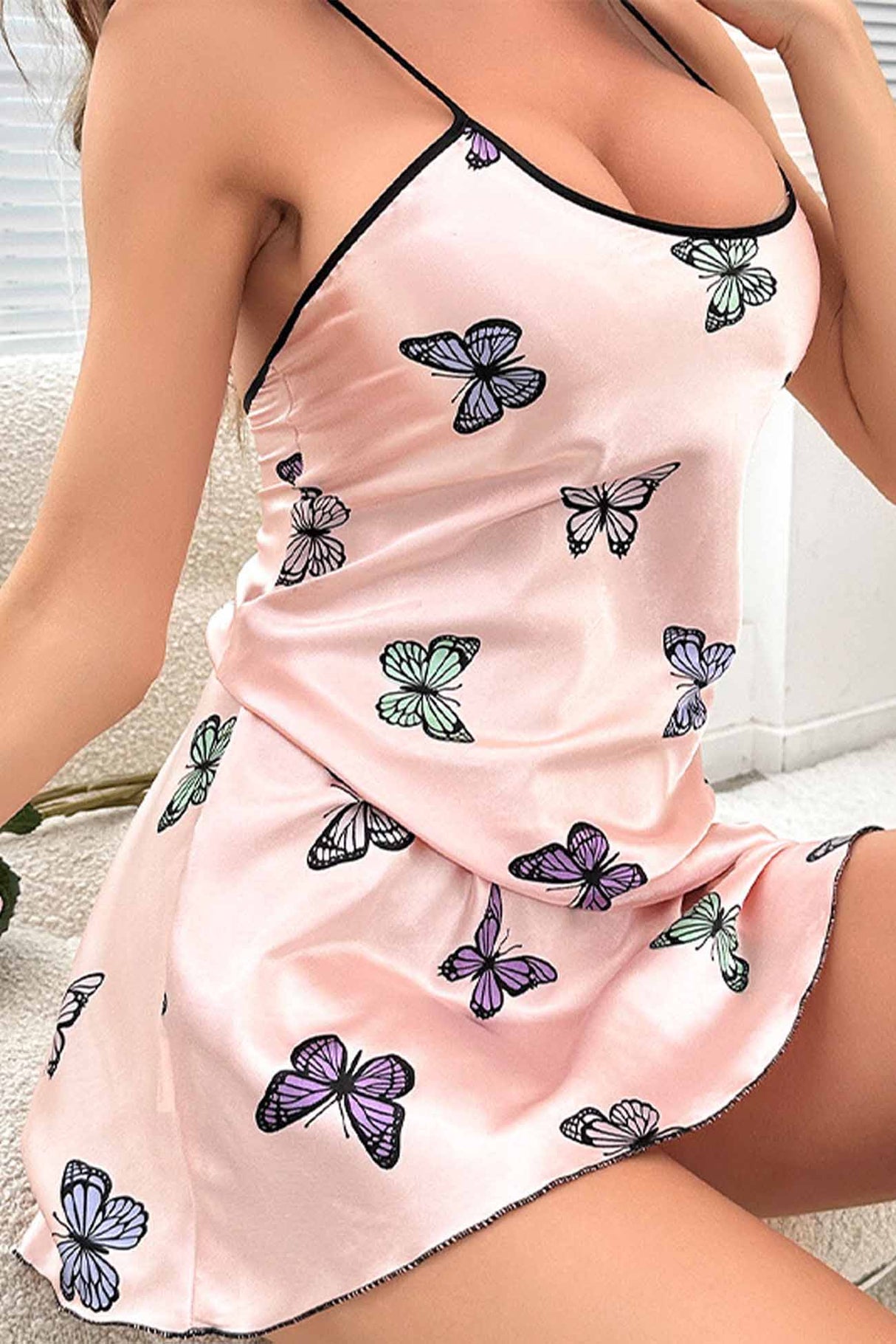 Butterfly Satin Strappy Backless Nightgown