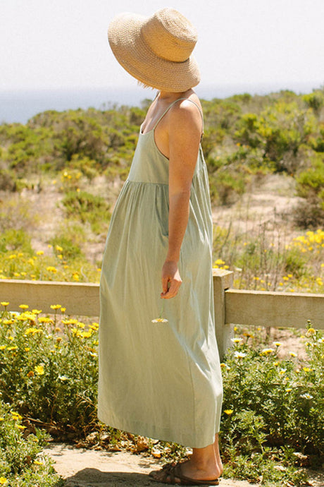 Button-back Pocketed Cotton Cami Dress