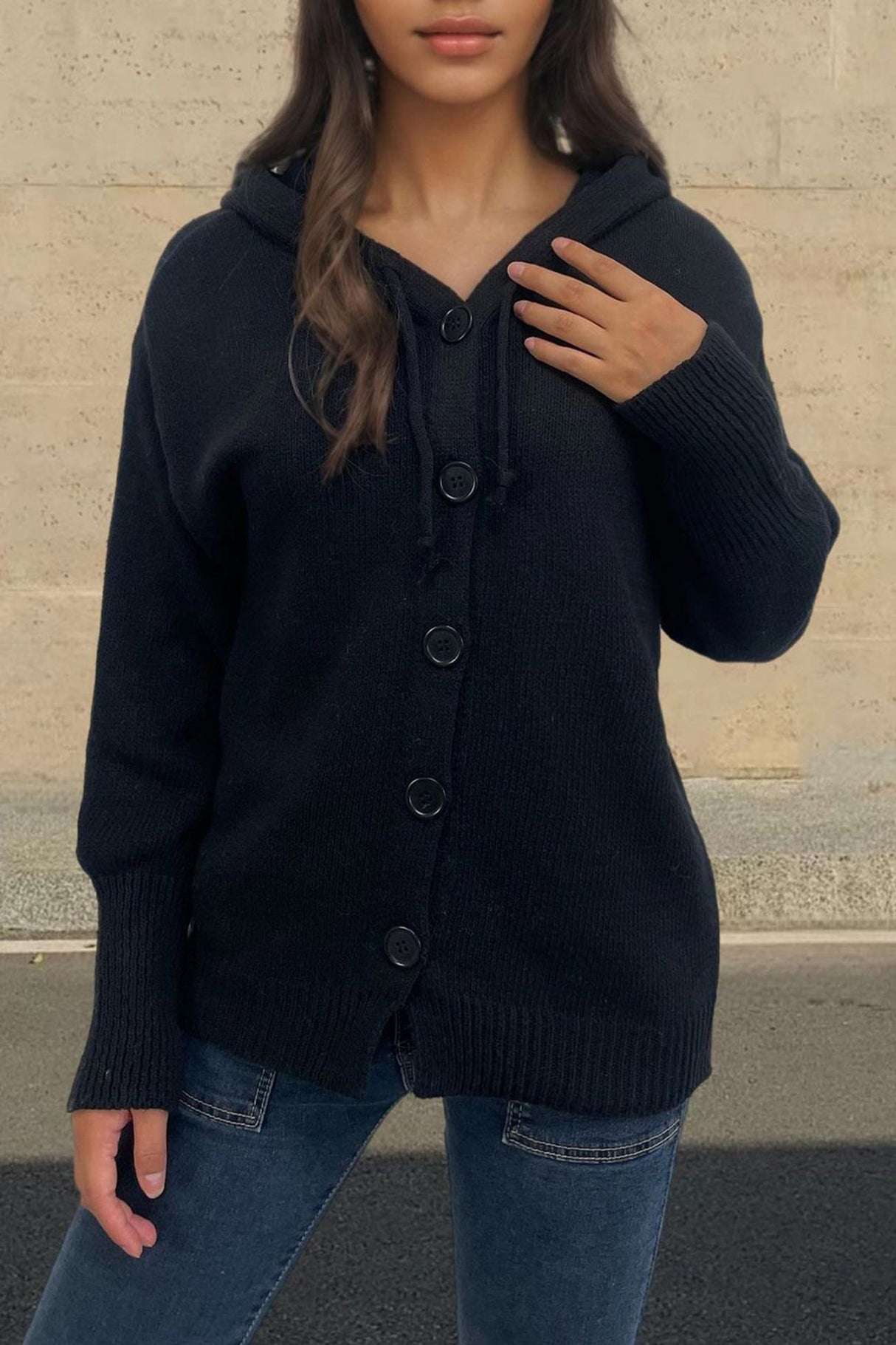 Arolora button-down-knit-hooded-cardigan