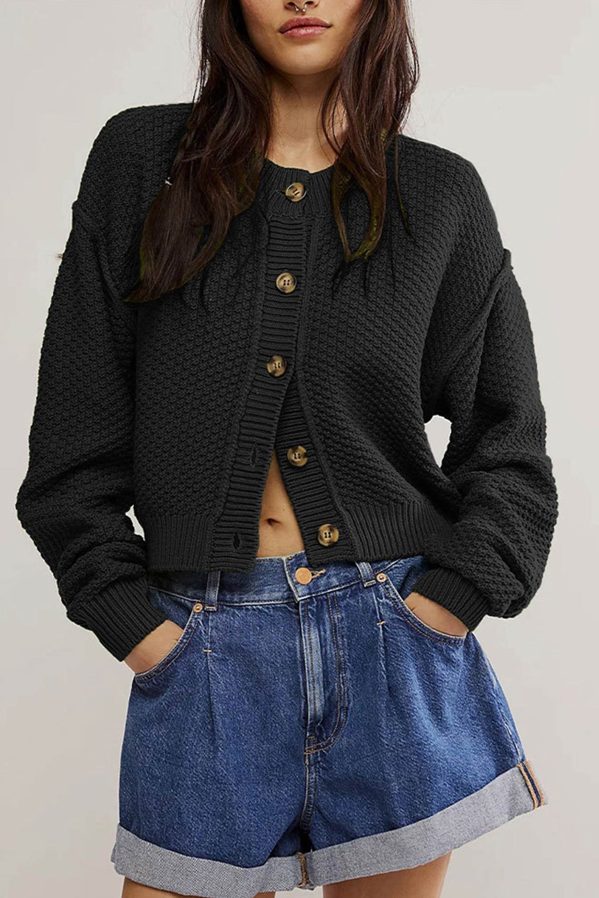 Arolora button-down-long-sleeve-crop-cardigan