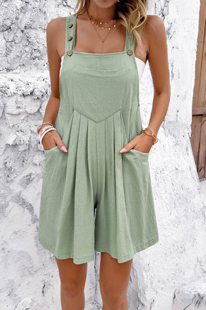 Button-down Pocketed Ruched Cotton Rompers
