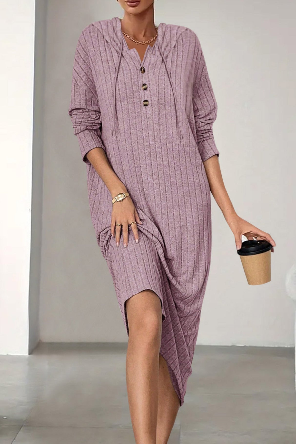 Arolora button-down-ribbed-knit-hooded-dress