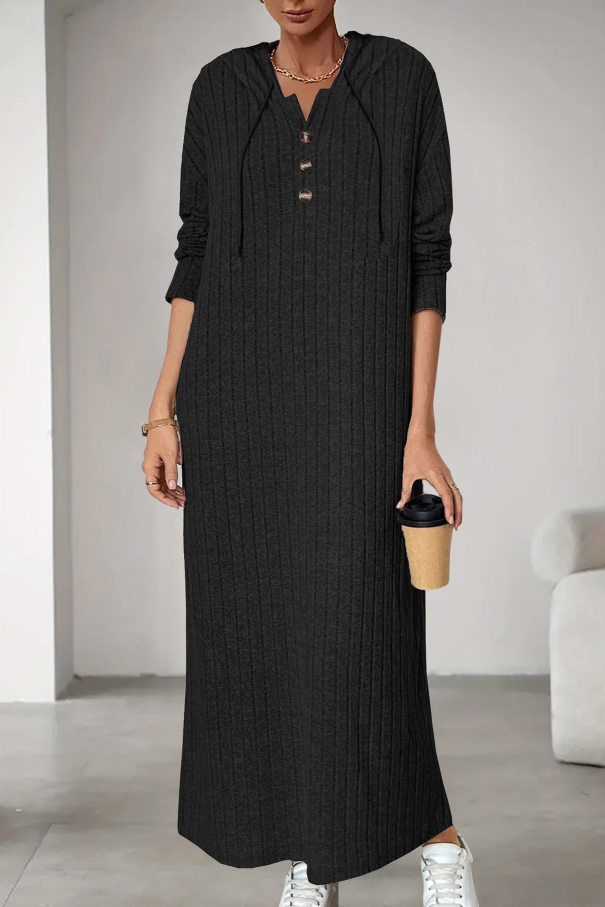Arolora button-down-ribbed-knit-hooded-dress