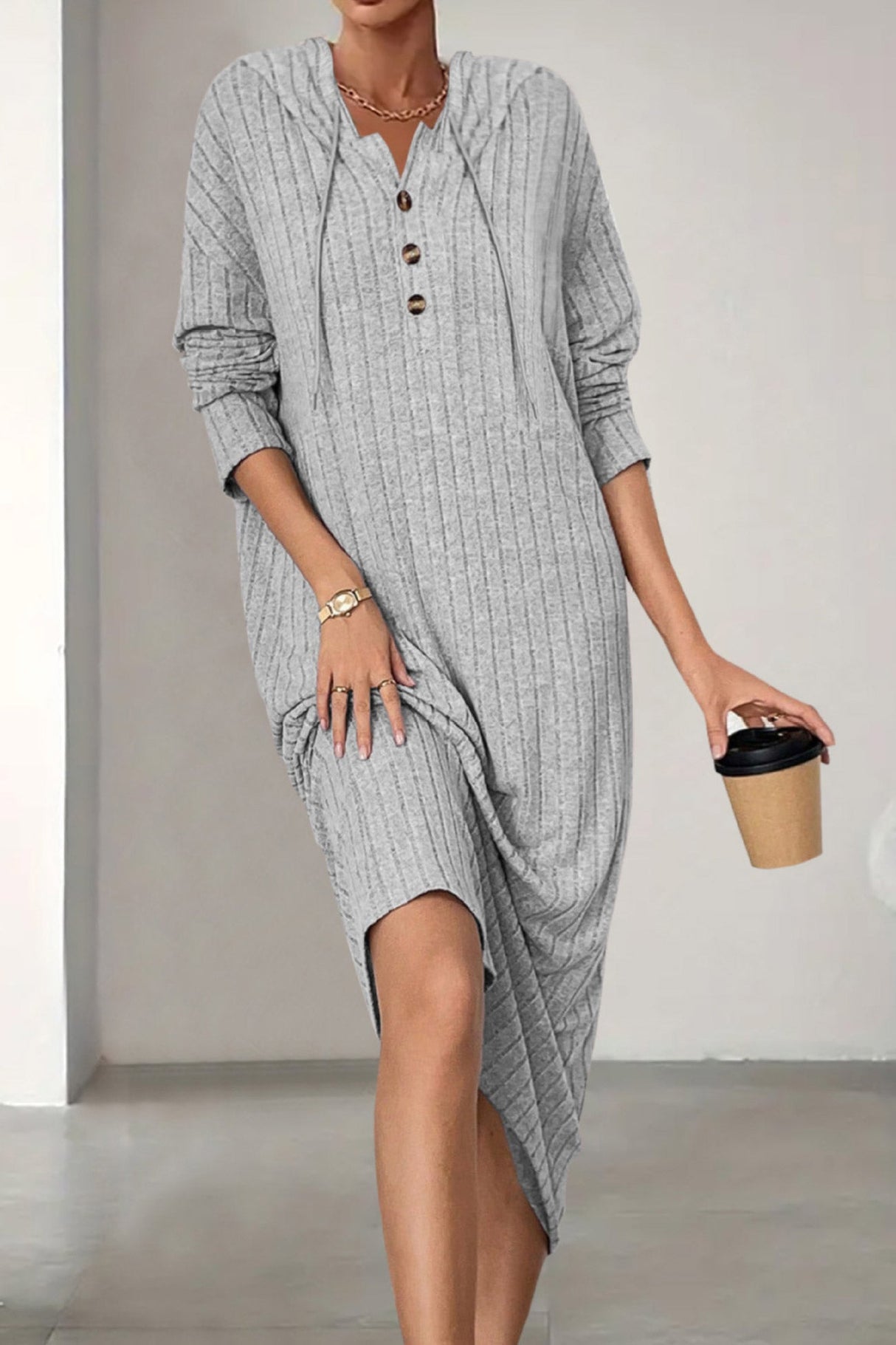 Arolora button-down-ribbed-knit-hooded-dress