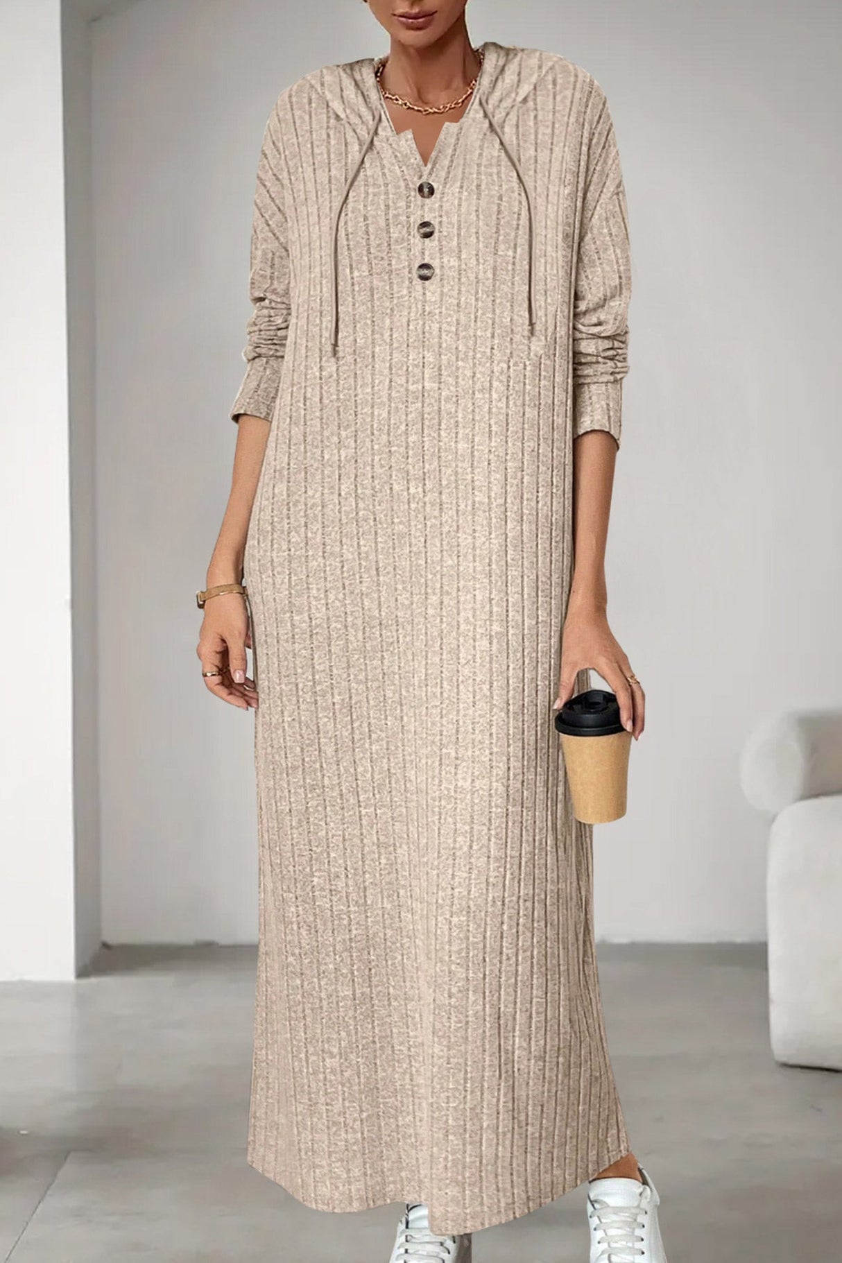 Arolora button-down-ribbed-knit-hooded-dress