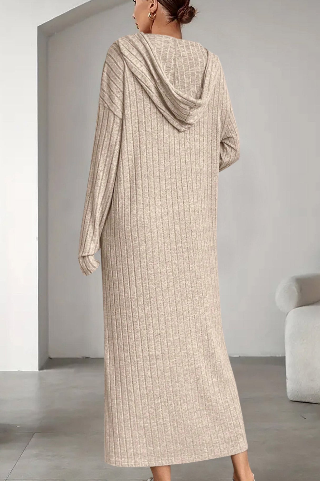 Arolora button-down-ribbed-knit-hooded-dress