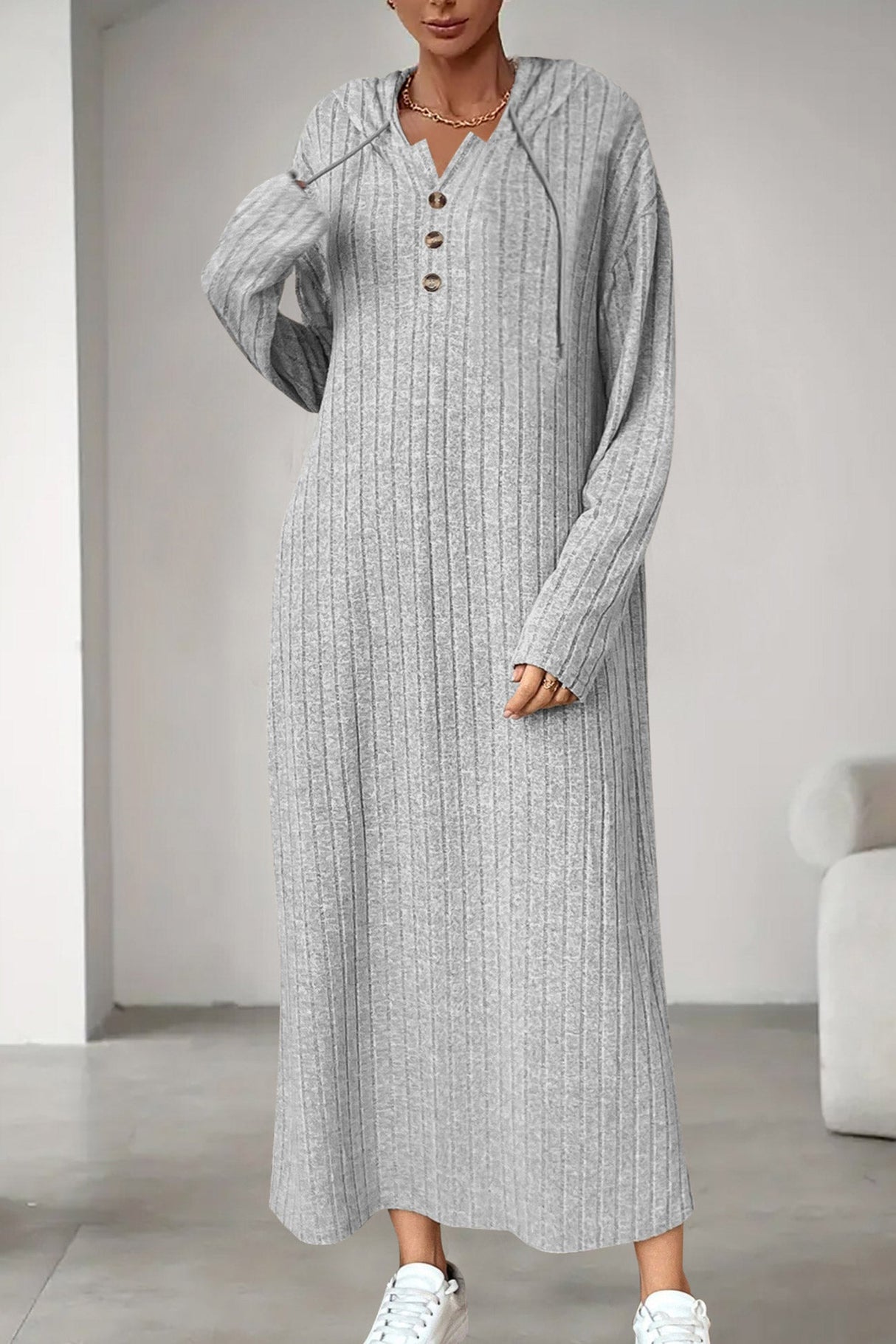 Arolora button-down-ribbed-knit-hooded-dress