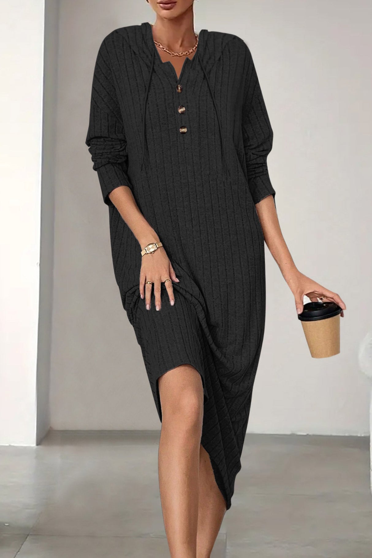 Arolora button-down-ribbed-knit-hooded-dress