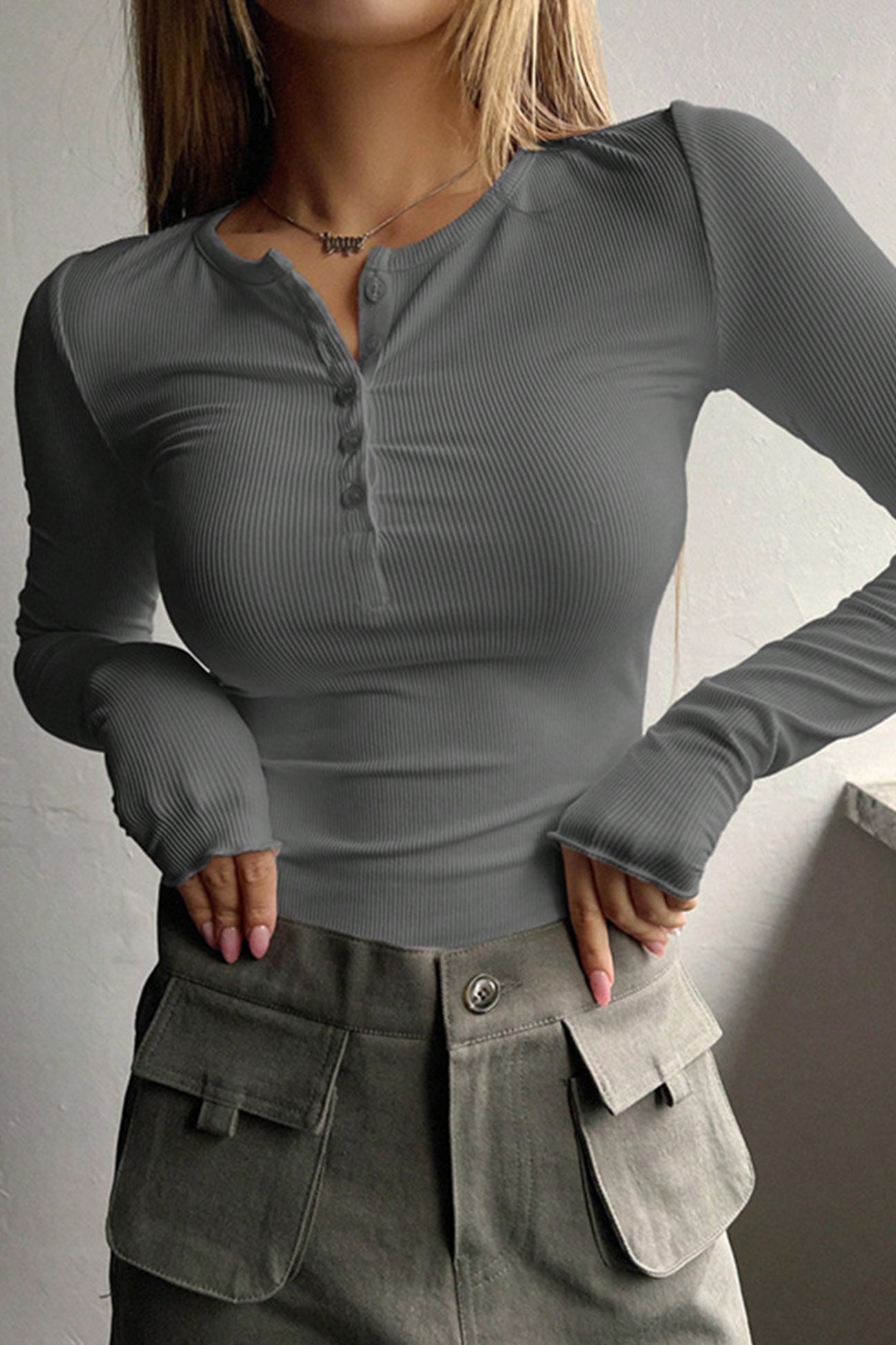 Arolora button-down-slim-fit-ribbed-tops