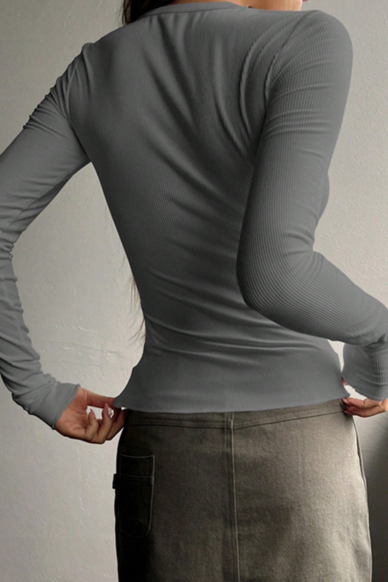 Arolora button-down-slim-fit-ribbed-tops