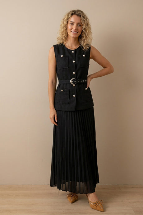 Button-down Tank Top Mesh Pleated Skirt Set