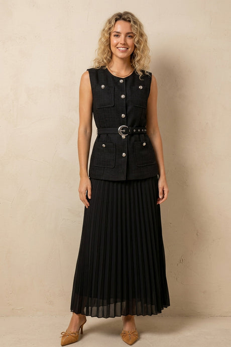 Button-down Tank Top Mesh Pleated Skirt Set