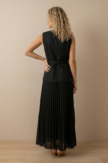 Button-down Tank Top Mesh Pleated Skirt Set
